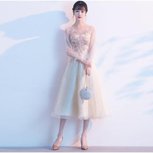 Champagne Lace Appliques Cocktail Dresses Sheer Back Prom Party Dresses Hollow Out Long Sleeves vestidos de coctel 2020