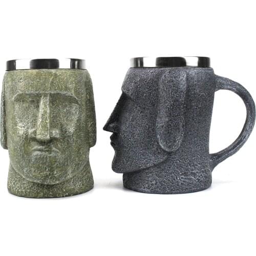 Tiki Brown Easter Islander Mug with Can Opener Polynesian Stone Statue Tankard Coffee Beer Mugs Easter Island Lover Gift 600ml
