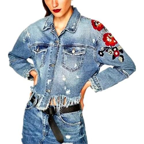 2019 womens sleeve coats, embroidered jacket with torn flowers for women Denim jacket for women, denim jacket, direct sale