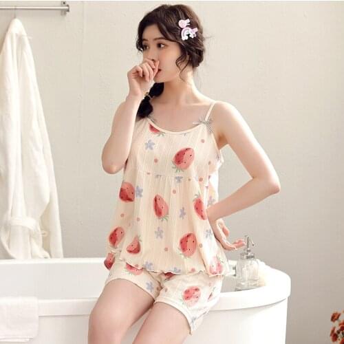 Summer cute red heart print women pyjamas cozy sexy sleeveless shorts pajama sets women sleepwear Korea sling shorts sleepwear