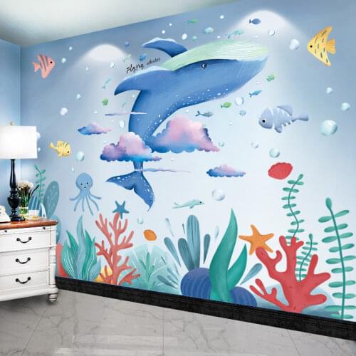[SHIJUEHEZI] Cartoon Whale Animal Wall Stickers DIY Seagrass Plants Mural Decals for Kids Rooms Baby Bedroom Home Decoration
