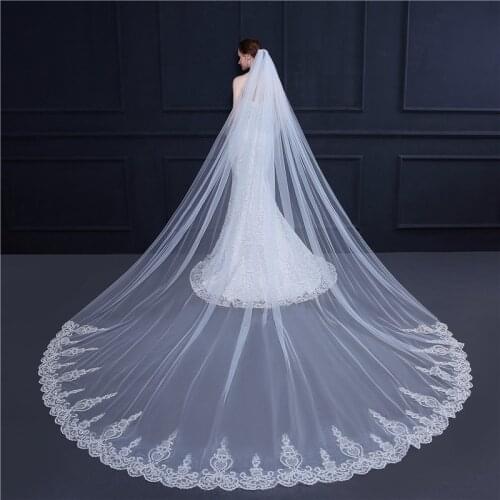 One-Layer Stunning Sequins Lace Wedding Veil Cathedral Style Long Bridal Veils with Comb bride accessories