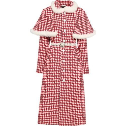 Vinatge small fragrance tweed plaid woolen coat women cloak diamond slim long overcoat office lady