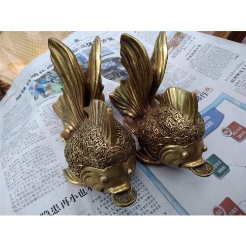 Par de bronce antiguo chino artesanía de cobre fengshui pez dorado Estatua de la riqueza decoración del hogar artes