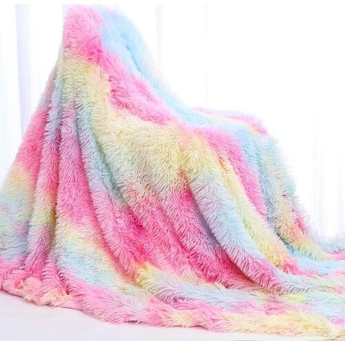 Rainbow Plush Super Soft Blanket Colorful Gradient Bedding Sofa Cover Furry Fuzzy Fur Warm Throw Cozy Couch Blanket for Winter