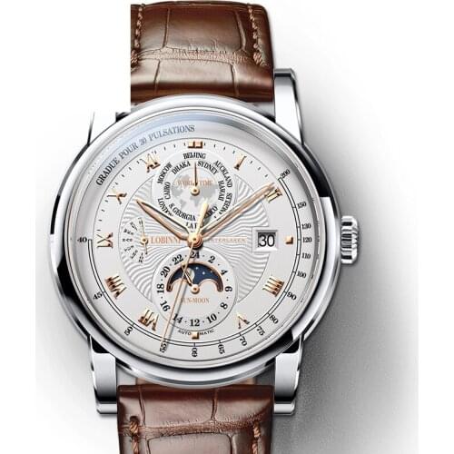 Switzerland LOBINNI Men Watch Moon Phase Automatic Mechanical Mens Wirstwatches Sapphire World Time relogio masculin L16003-4