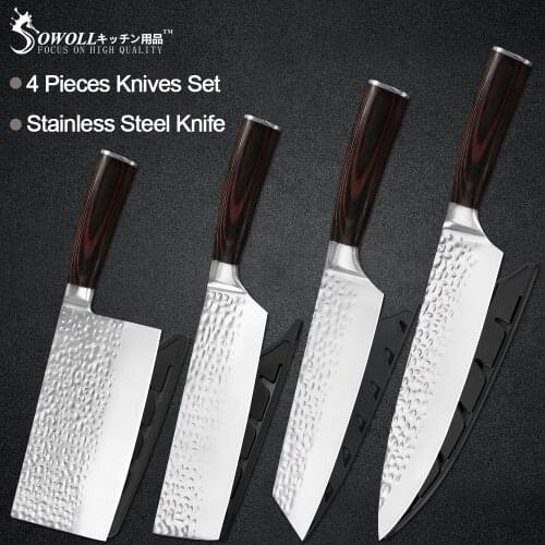 Sowoll 4PCS Stainless Steel Kitchen Knives Set Wood Handle Chopping Chef Knife Kitchenware Knife Sheath Cleaver Butcher Knife