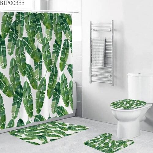 Tropical Plants Green Leaf Bathroom Curtain Set Banana Leaf Fabric Shower Curtains Pedestal Non-slip Rugs Toilet Cover Bath Mat