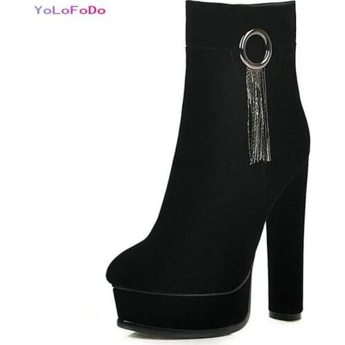 Big Size 2021 Women Ankle Boots Platform Square High Heel Ladies Square High Heel Boots Faux Suede Pointed Toe Womans Boots