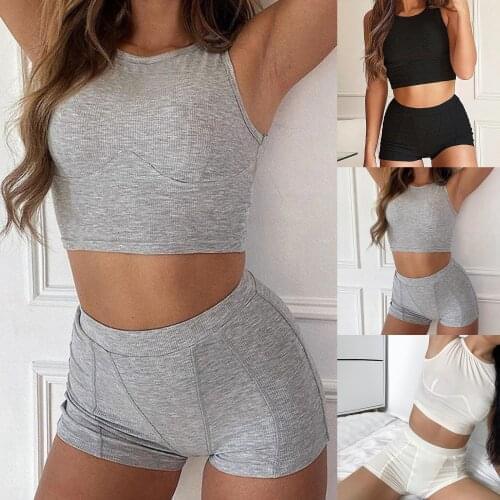 Womens Slim Sports Suits Workout Suit Two Piece Ribbed Tank High Waist Shorts Outfits Leggings+push Up Sport High Waist