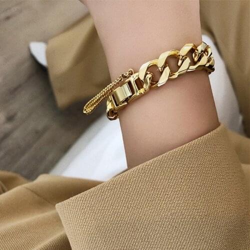 Amorcome Punk Link Chain Bracelets Bangles For Women Gold Color Chunky Thick Chain Bracelet Fashion Pulseira Female Jewelry Gift