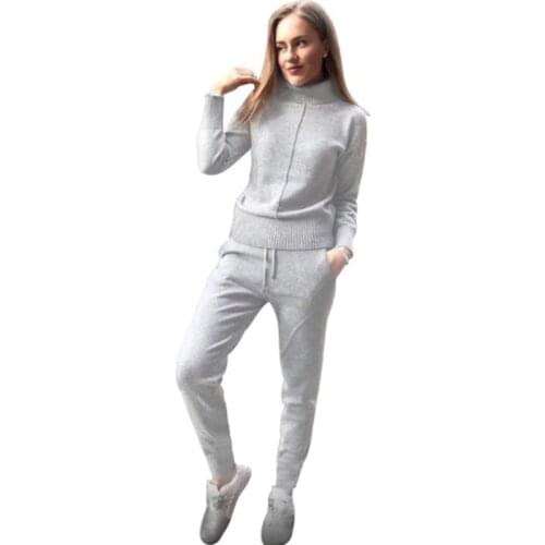 TAOVK Womens Woolen Knitted Suit High Collar Sweater + Pants Loose Style Two-piece Set womens Knitted Costume tracksuit