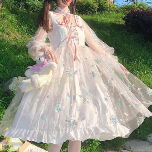 One-Piece Women Fairy Dress Lolita Japanese Summer New Print Long Sleeve Mesh Lace-Up Cute Princess Dress Korean Kawaii Clothing