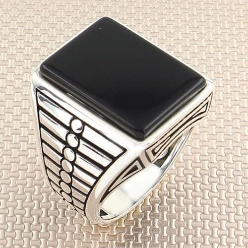 925 Sterling Silver Ring For Mens Original Black Onyx Stone Patterned Modern Design Handmade Turkish Jewelry