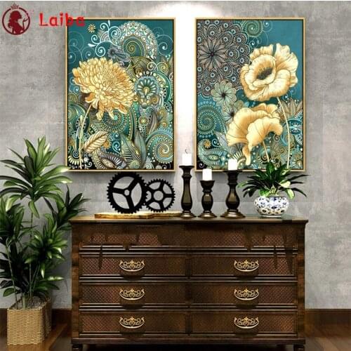 Diamond Painting European golden flower Cross Stitch Diamond Mosaic Picture Rhinestone Embroidery crystal Beaded Handicraft2PCS