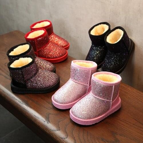 Girls fashion Sequin Snow Boots Winter Warm Flat Round Toe Kids Shoes Baby Childrens Pink Black Soft Boots Size 25-36 XZ19089