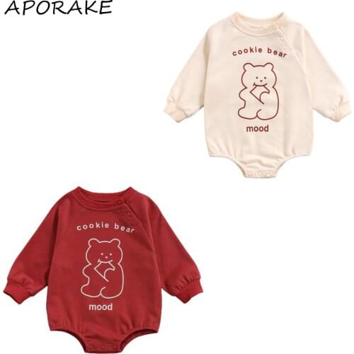 2021 0-12M Infant Baby Girl Boy Romper Cookie Bear Letter Cartoon Print O Neck Long Sleeve Playsuit Spring Fall Cotton Clothes
