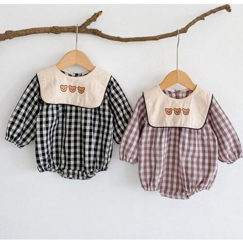Spring Kids Baby Girl Long Sleeve Bear Embroider Grid Rompers Autumn Newborn Infant Baby Girl Rompers Baby Girl Clothes Rompers