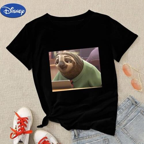 Disney Zootopia T-Shirt Women Versatile Modern Short Sleeve Exquisite Working Status Lightning Sloth Printed Black Tshirts