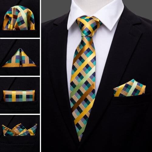 LS-1063 2016 Tie For Men Green Plaid 100% Silk Jacquard Woven Gravata Tie Hanky Cufflink Set For Men Formal Wedding Party Groom
