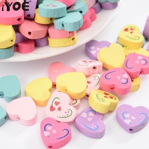 IYOE 30pcs/Lot 16x18mm Sweet Heart Printing Beads Handmade Diy Craft Spacer Beads For Jewelry Making Bracelet Necklace