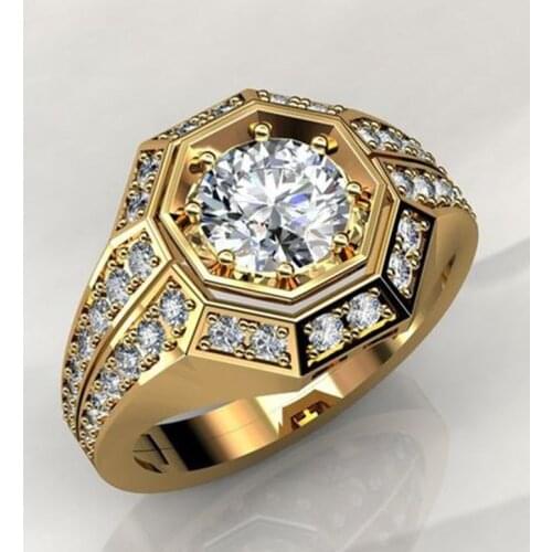 Luxury Gold Plated Zircon Ring Octagonal Round Cut Iced Out Zircon Wedding Band Engagement Ring for Men Women Hip Hop Jewelry