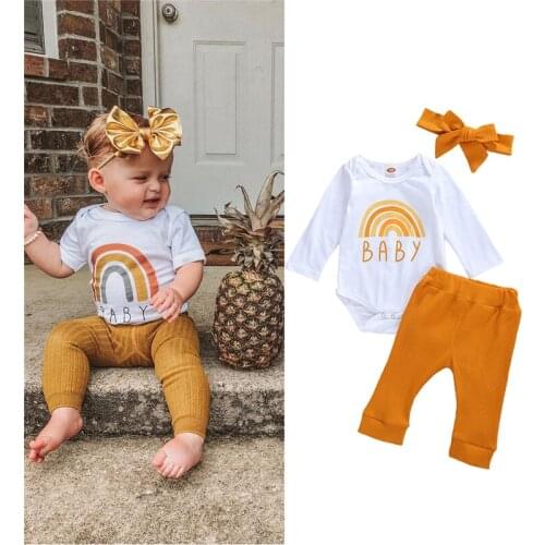 2020 Infants Baby Spring Autumn Clothing Baby Boy Long Sleeve Letter Rainbow Printed Tops Romper Pants Bow Headband 3PCS Clothes