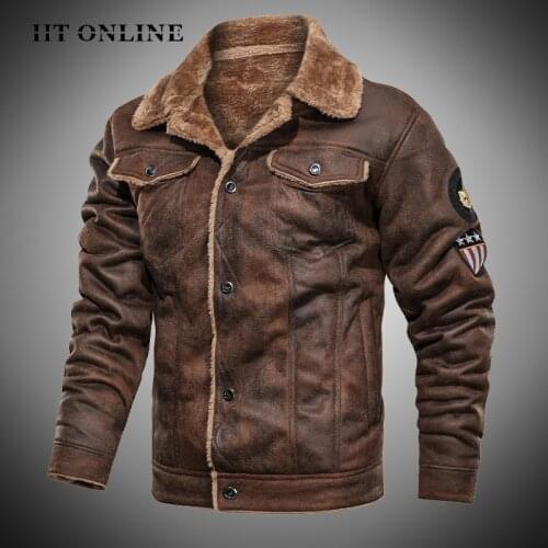 Winter Autumn 2021 Faux Leather Jackets Men Fleece Thick Retro Casual Bomber Biker Jacket Men Motorcycle Fur Lined Lapel Coat