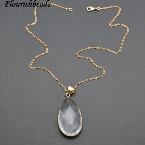 Natural Clear Crystal Surface Cutting Drop Pendant Link Chains Necklace Fashion Woman Jewelry
