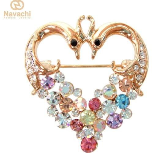 Navachi Double Peacock Peahen GP Colorful Crystal Rhinestone Feather Pin Brooch SMT7493