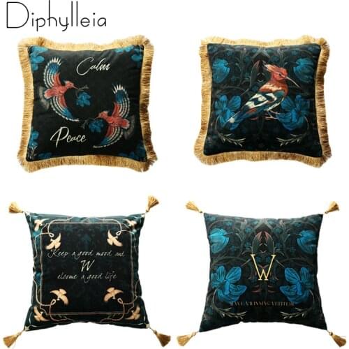 Diphylleia American Style Cushion Cover Hummingbird Floral Velvet Fringed Pillow Sham European Luxury Pillowcase with Tassels