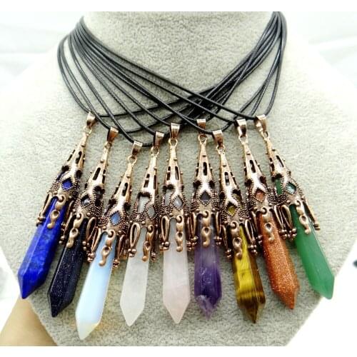New product jewelry gold color faceted stone natural quartz crystal Opal tiger eye pendulum hexagonal suspension necklace 1pcs