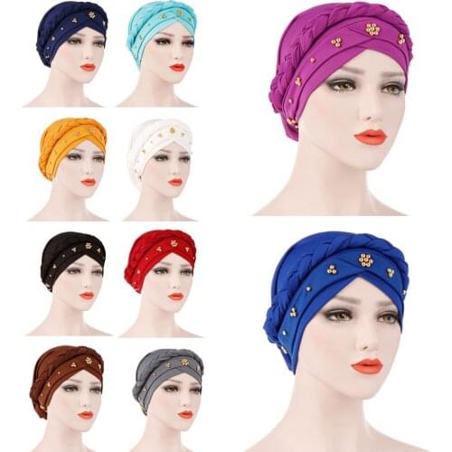 New Women Hair Care Islamic Head Scarf Muslim Hijab Beads Braid Wrap Stretch Turban Hat Chemo Cap Head Wrap Hair Loss Hats Arab