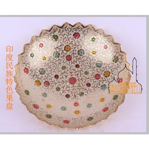 Pakistan India metal copper plate painted carved brass disc dry fruit compote marriage room decoration