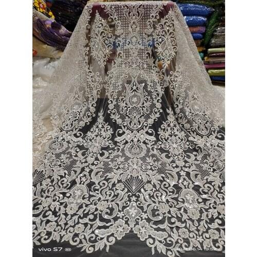 Latest 2021 High Quality African Nigerian Tulle Lace Fabric With Sequins Embroidery Sewing Guipure Organza Prom Dresses 5yards