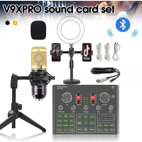 Professional BM 800 Condenser Microphone for Karaoke BM800 Mic Stand + 9X Pro Sound Card Studio Recording Set for Podcast Gaming