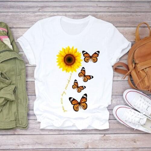 Women Sunflower Printed Butterfly Cartoon Lady Fashion Print T-shirts Top T Shirt Ladies Womens Graphic Female Tee T-Shirt