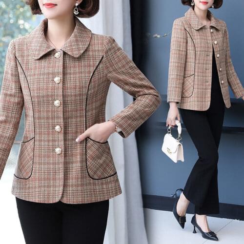 Women 2021 New Spring Autumn Thin Plaid Jackets Female Middle-aged Loose Coats Ladies Single Breasted Short Overcoats W248