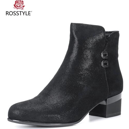 ROSSTYLE Square Heel Round Toe Side Zipper Basic Boot Fashion European Style Spring Autumn Cool Black Ankle Boots Size 36-43 B88