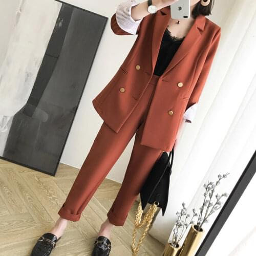 Autumn Women Pant Suits Double Breasted Notched Collar Jacket Blazer & Sashes Pant Casual Female Work Suits 2019 high quality