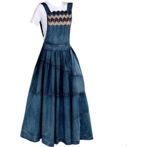 Women Denim Embroidered Strap Sundress Overall Dress Casual spring summer big swing a-line long jeans dress