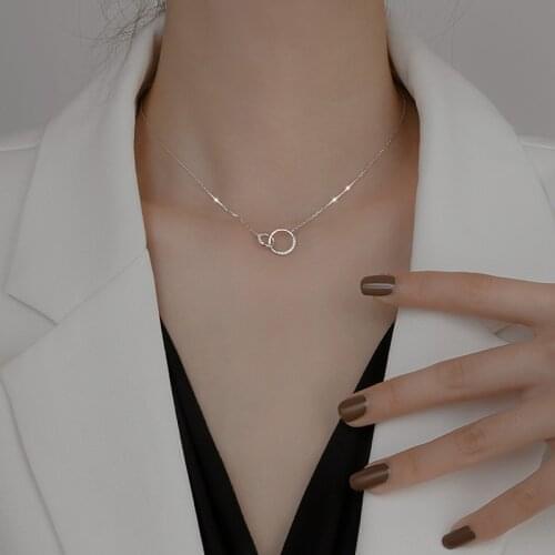 Trendy Silver Color Round Double Circle CZ Zirconia Necklaces & Choker Minimalst Geometric Pendant For Women Party Gift