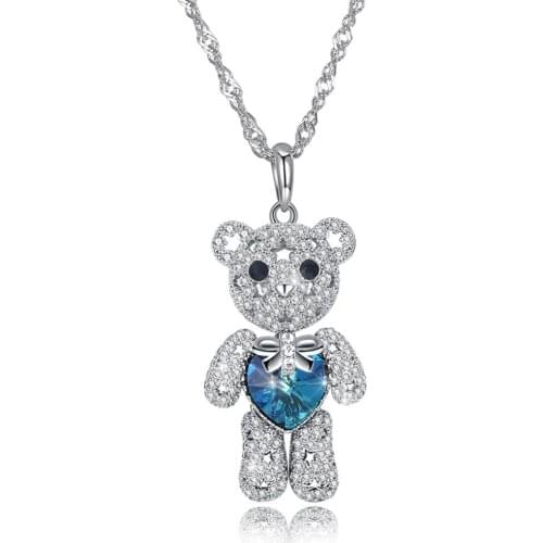 S925 Women Necklaces Fine Crystal Zircon Cute Bear Pendant 925 Sterling Silver Necklaces for Lady Party Neck Wears Jewelry