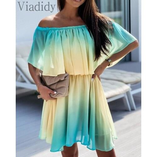 Women Off Shoulder Colorblock Ruffles Slash Neck Casual Dress