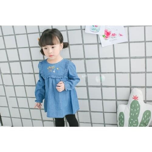 2018 Spring New Girls Denim Dress Baby Soft Cotton Long-sleeve Dresses Girls Cartoon-embroidery Dresses Kids Dress-style Blouses