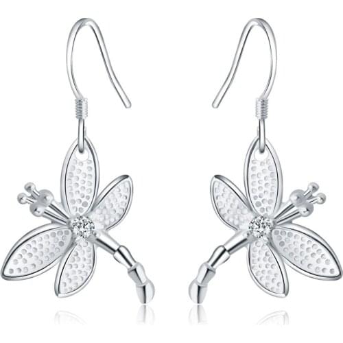 Free Shipping New Dragonfly Hollow Shiny Silver colorPlated Earrings 925 Ladies Jewelry Silver colorEarrings
