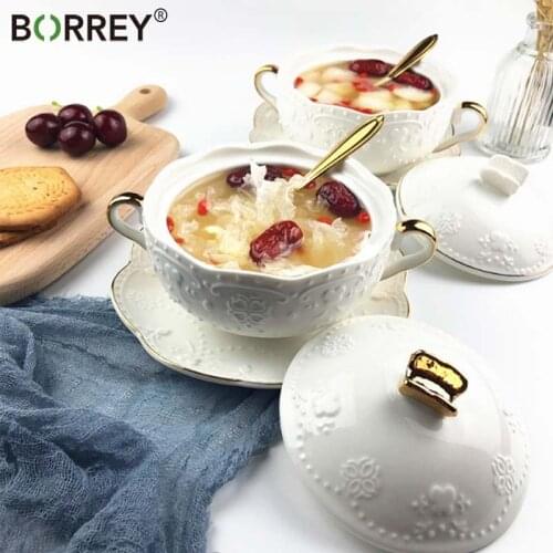 BORREY Creative Ceramic Bowl Dish Stew Pot Fruit Ramen Rice Soup Bowl Mug Binaural Baking Bowl Dessert Storage Food Container