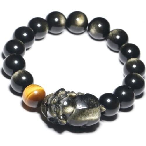 JoursNeige Gold Black Natural Obsidian Stone Bracelets Round Bead Pig 2019 Zodiac Bracelets for Men Women Energy Stone Jewelry