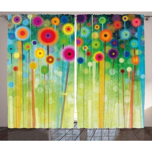 Colorful Curtains Abstract Funny Blossoms of Summer Satin Fabric Drapes for Living Room Bedroom 2 Panel Window Set