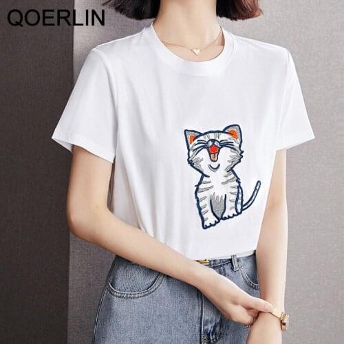 Kawaii Tees Shirts Girls 2021 Embroidered Silver Cat Pattern White Cotton Short Sleeve T-shirt Female Summer Oversize Tops Chic